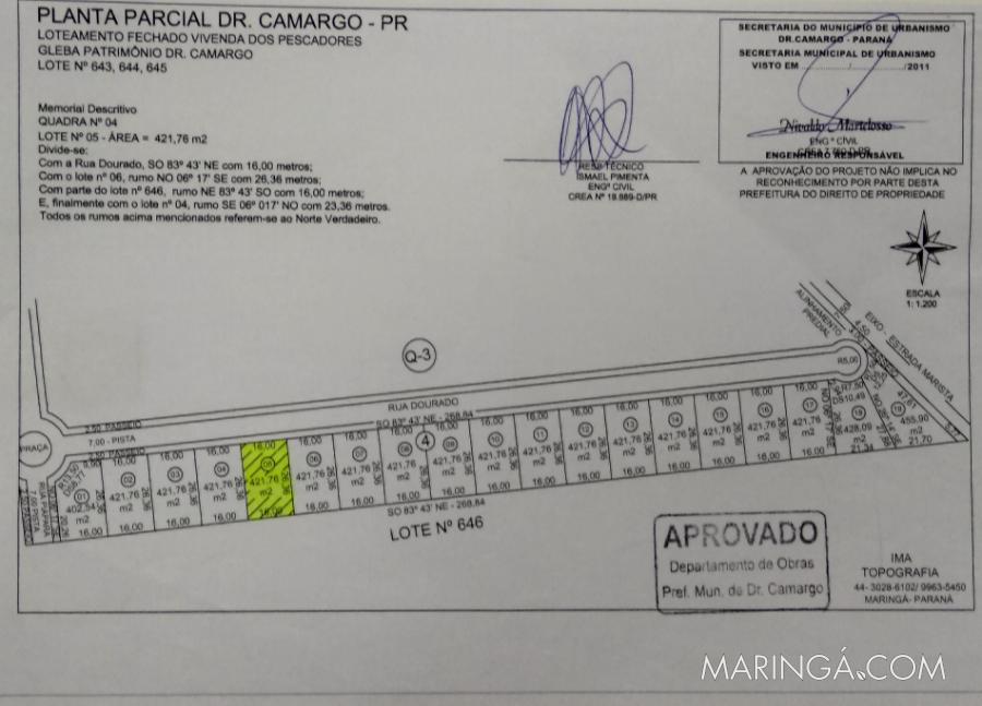 TERRENO ÀS MARGENS do RIO IVAÍ - Dr. Camargo - Condomínio Vivenda dos Pescadores - área de 421,76 m2