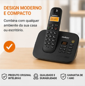 Telefone Sem Fio Intelbras TS 3130 Preto c/ Secretária Eletrônica + Identificador