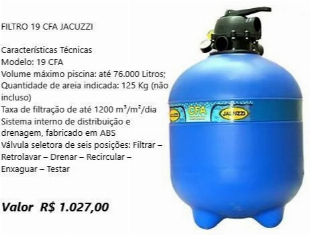 FILTRO 19 CFA PARA PISCINA MARCA JACUZZI SEM AREIA (PROMOÇÃO)